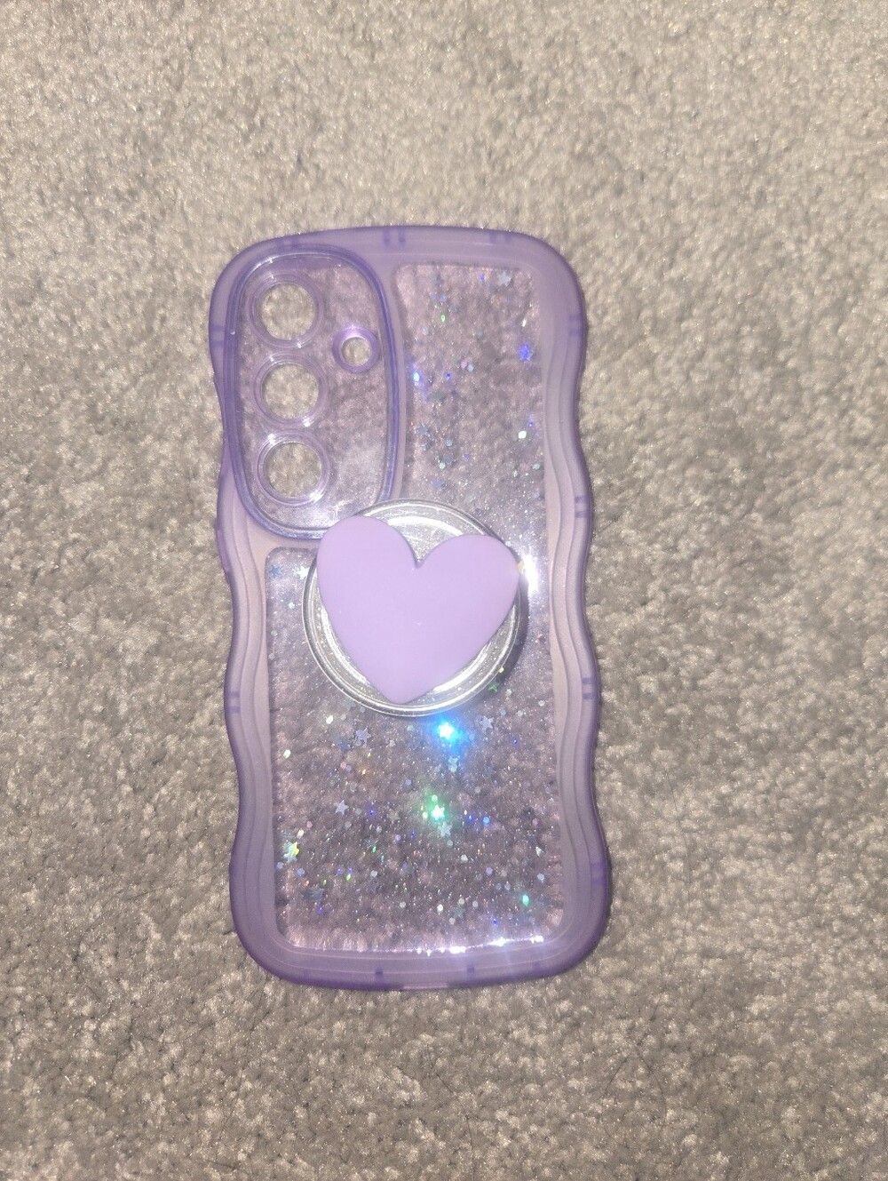 Samsung Galaxy S24 Purple Glitter Star Wavy Phone Case + Heart Grip NEW